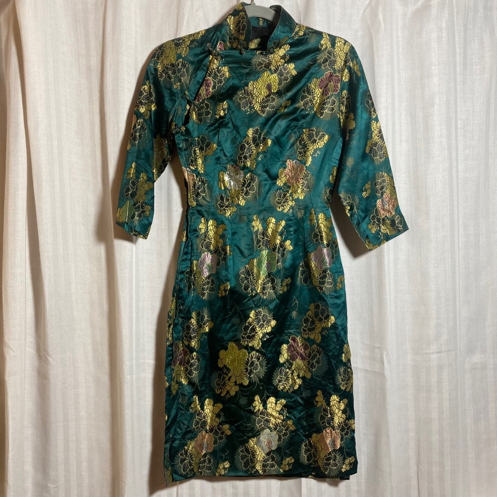 Vintage Green Gold Floral Satin Brocade Cheongsam Qipao Dress Mandarin Collar XS